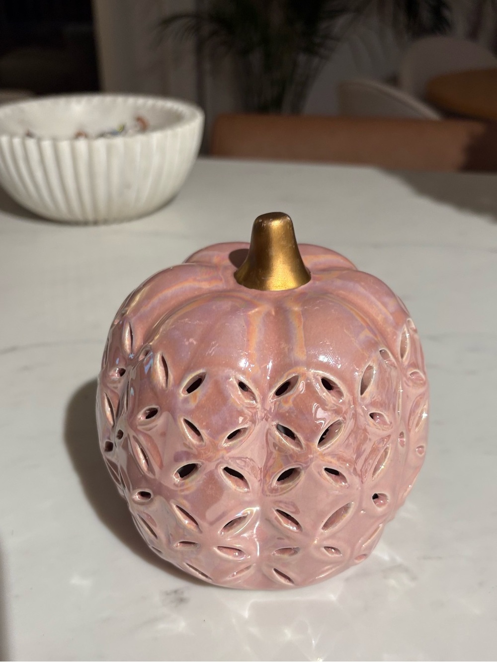 Decorative Pink Ceramic Pumpkin with Gold Stem